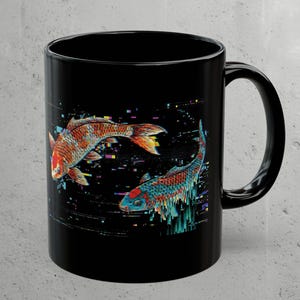 Glitch Art Koi Fish Coffee Mug, Cyberpunk Aesthetic Cup, Japanese Vaporwave Black Ceramic Mug, Neo Tokyo Techwear Gift, Gamer Desk Decor