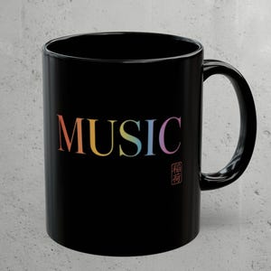 Vaporwave Music Coffee Mug, City Pop Aesthetic Cup, Japanese Inari Stamp Black Ceramic Mug, Retro Gradient Audiophile Gift, Synthwave Decor