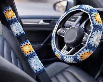 Funda de volante de crochet con diseño de sol y luna: Accesorios para coche para mujer
