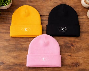 Cuffed Beanie | Crescent Moon Stars Embroidered Beanie