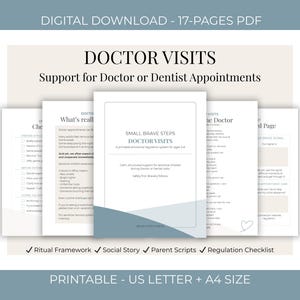 May include: A digital download titled "Doctor Visits" with 17 pages. The document provides support for doctor or dentist appointments. The cover features the text "Small Brave Steps Doctor Visits" and includes a ritual framework, social story, parent scripts, and regulation checklist. The document is available in US Letter and A4 sizes.