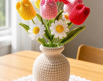 Crochet Flower Bouquet Vase, Knitted Tulips Daisies Carnations, Faux Flower Pot Desk Decor