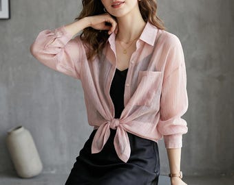Chemise boutonnée oversize transparente | Chemisier léger pare-soleil