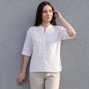 Womens White Embroidered Blouse | Vintage Style Button Up Top | Short Sleeve Lace Crochet Shirt