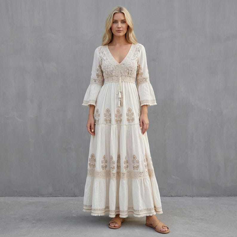 cotton gauze maxi dress Bekah Tiered – The Main Street Exchange All Saints Crochet Detail Print:North Pole Rodeo by style:Dresses