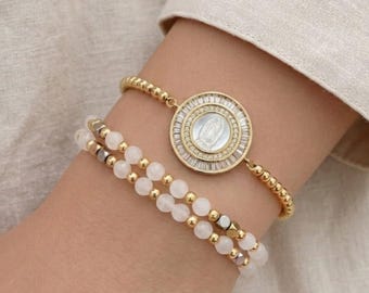 Our Lady of Guadalupe Virgin Mary Bracelet Set - Rose Quartz - 18K Gold Plated Protection