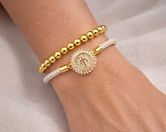 The Sacred Cross: Mother's Day Gift - Dainty Gold Cross Bracelet, 18K Gold Plated Religious Jewelry, Catholic Faith, Communion & Baptism