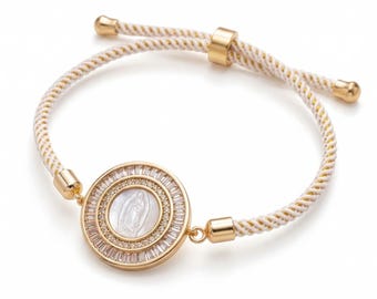 Mother's Day Gift - Our Lady of Guadalupe Bracelet 18K Gold Plated Shell Medal Virgin Mary Jewelry Catholic Protection Gift Adjustable Cord