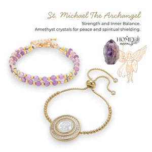 May include: Two bracelets with the text "St. Michael The Archangel". One bracelet is made of gold beads and a circular pendant with a white center. The other bracelet is made of purple and gold beads. An amethyst crystal and an illustration of an angel are also shown.