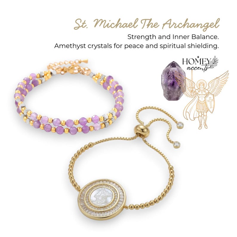 May include: Two bracelets with the text "St. Michael The Archangel". One bracelet is made of gold beads and a circular pendant with a white center. The other bracelet is made of purple and gold beads. An amethyst crystal and an illustration of an angel are also shown.