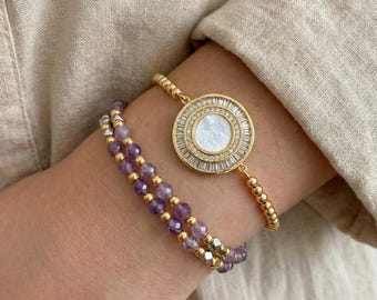 Saint Michael Archangel Amethyst Bracelet Set – 18K Gold Plated Catholic Medal
