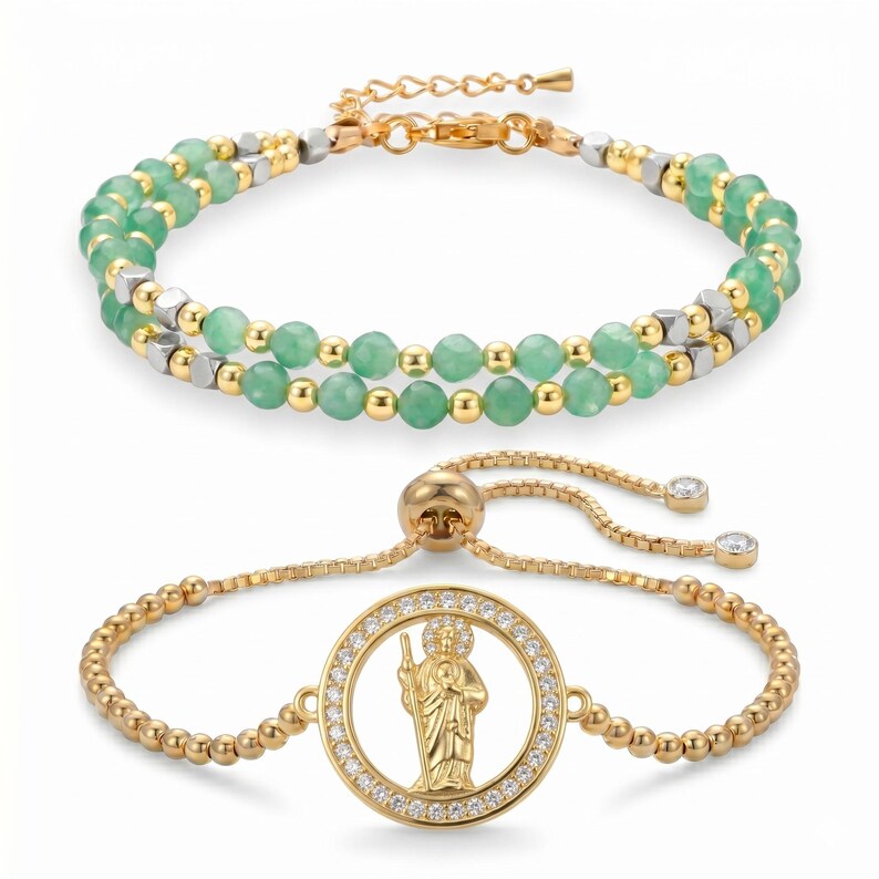 May include: Two bracelets. The top bracelet features green beads, gold, and silver accents. The bottom bracelet is gold with a circular pendant of a saint, surrounded by small clear stones. The bottom bracelet has a sliding clasp.