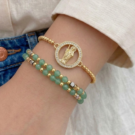 St Jude Thaddeus Bracelet Set - Green Aventurine - 18K Gold Plated Catholic Protection - Hope bracelet