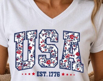 Floral USA V-Neck Shirt, Patriotic Women Tee, USA Est 1776 Shirt, Girly 4th of July Shirt, American Girl V-Neck Tee