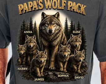 Comfort Colors Papa's Wolf Pack Shirt, Personalized Dad Wolf Family Tee, Father's Day Gift For Papa
