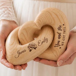Personalized Wooden Heart Sculpture, Interlocking Hearts with Custom Couple Names, 5th Anniversary Gift, Wedding Keepsake Decor