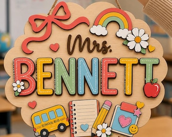 Letrero 3D personalizado para la puerta del profesor, decoración personalizada para el aula, letrero con el nombre del profesor, regalo de regreso a clases para el profesor.