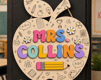Cartello personalizzato per la porta dell'insegnante con la mela, cartello di benvenuto personalizzato per la classe, regalo per l'apprezzamento degli insegnanti, decorazione per il ritorno a scuola, cartello con il nome dell'insegnante