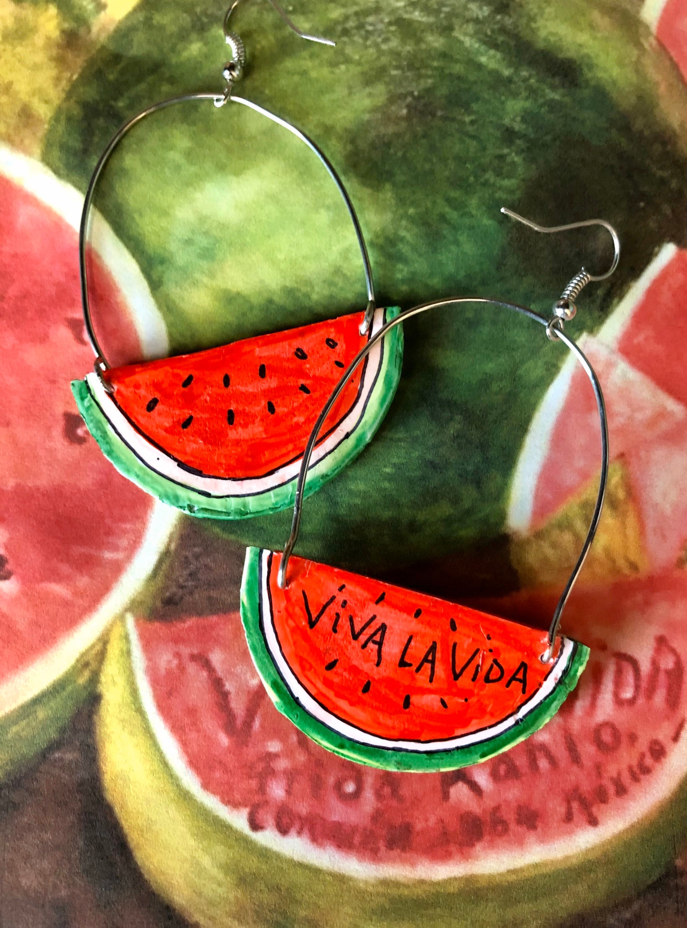 Viva La Vida Frida Kahlo Watermelon Hoop Earrings 