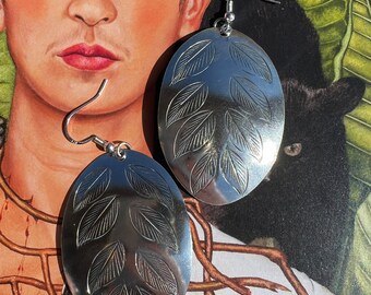 Primitive Oval Etched Leaf Earrings