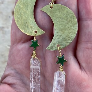 Crescent Moon & Quartz Crystal Celestial Hammered Metal Earrings