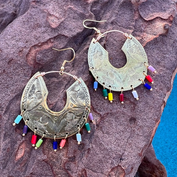 Mexican Multi Stone Etched Brass Hoop Earrings