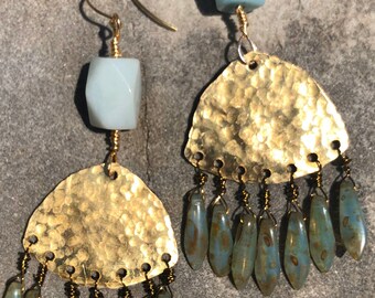 Frida’s Sea and Sky Hammered Metal Czech Glass Labradorite Earrings