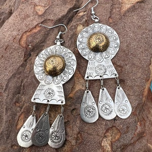 Primitive Mexican Silver Tin and Brass Etched Dangle Earrings