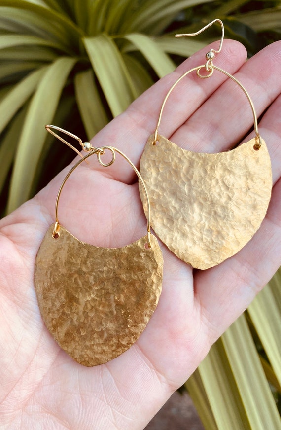 Primitive Hammered Brass Shield Olmec Hoop Earrings Etsy Australia