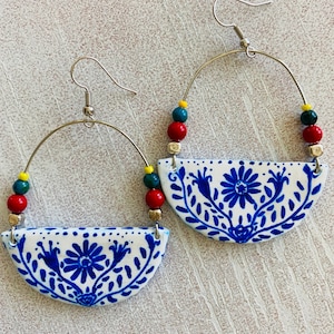 Blue and White Mexican Folk Art Otomi Hoop Earrings