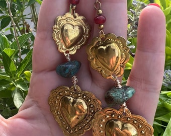 Milagro Corazón Two Tiered Turquoise & Brass Earrings