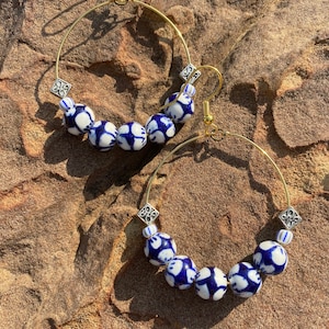 Frida’s Talavera Blue & White Ceramic Gold Hoop Earrings