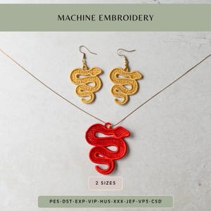 May include: A gold-colored snake-shaped pair of earrings and a red snake pendant necklace. The earrings and pendant are machine embroidered. The image also includes the text "MACHINE EMBROIDERY" and "2 SIZES".