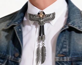 Two Tone Eagle Bolo Tie for Men, Rare Thunderbird Cowboy Necktie, Antique Silver Western Tie with Feather Tips, Fathers Day Gift