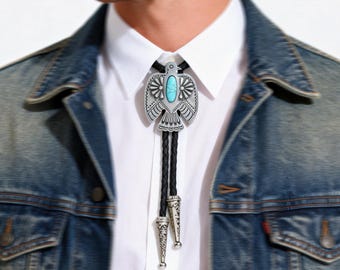 Native American Style Thunderbird Bolo Tie | Turquoise Inlay Southwestern Necktie with Carved Tips | Tribal Guardian Jewelry Gift for him