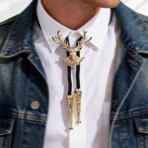 Corbata bolo con cabeza de ciervo dorada - Corbata western con astas de reno en 3D / Joyería moderna con tótem del bosque, accesorio de boda para el novio