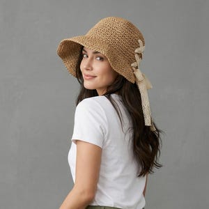 Crochet Straw Hat Women | Wide Brim Lace Bow Sun Beach Cap (Foldable)