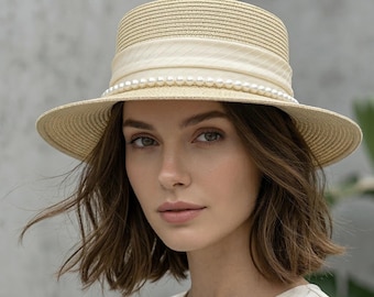 Women's Straw Boater Hat with Pearl Band | Wide Brim Beach Sun Hat