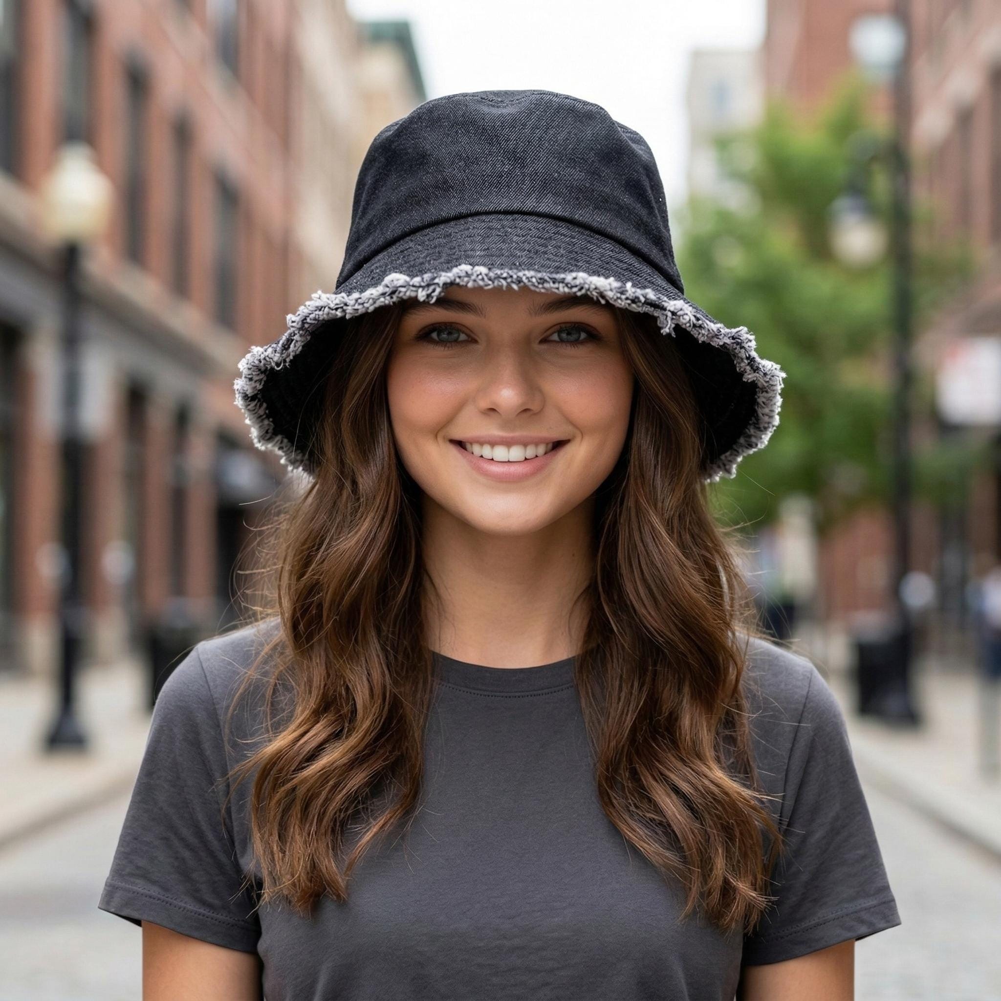 Denim Bucket Hat | Frayed Edge Fisherman Cap, Streetwear Travel
