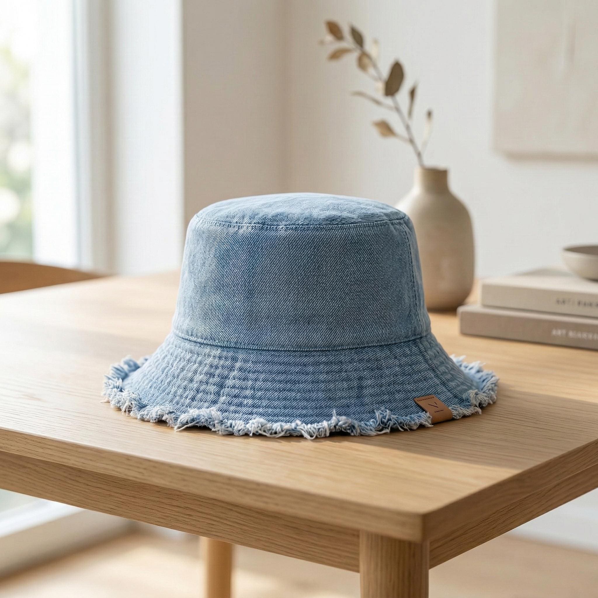 Denim Bucket Hat | Frayed Edge Fisherman Cap, Streetwear Travel