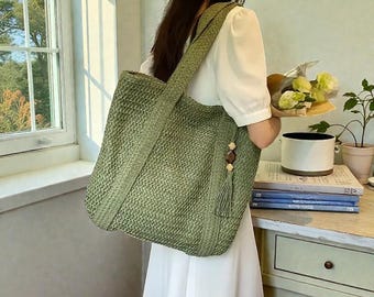 Large Woven Straw Tote Bag, Beach Basket, Coastal Summer Shoulder Bag