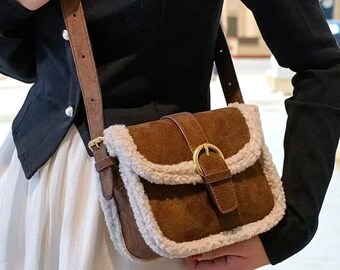 Plush Suede-Look Crossbody Bag: Retro Patchwork Shoulder Purse