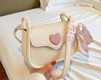 Square Shoulder Bag | PU Leather Heart Accent Crossbody Purse, Scarf Detail