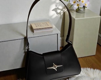 Y2K Shoulder Bag | Vegan Leather Underarm Purse, Sequin Detail, 90s Style Baguette