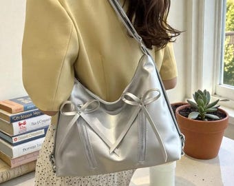 Silver Bow Shoulder Bag for Women | Trendy PU Leather Crossbody Purse | Summer Saddle Handbag