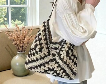 Large Straw Top Handle Bag, Woven Summer Clutch Purse, Boho Beach Shoulder Tote Bag