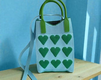 Coquette Heart Knitted Mini Handbag, Soft Girl Phone Crossbody Bag