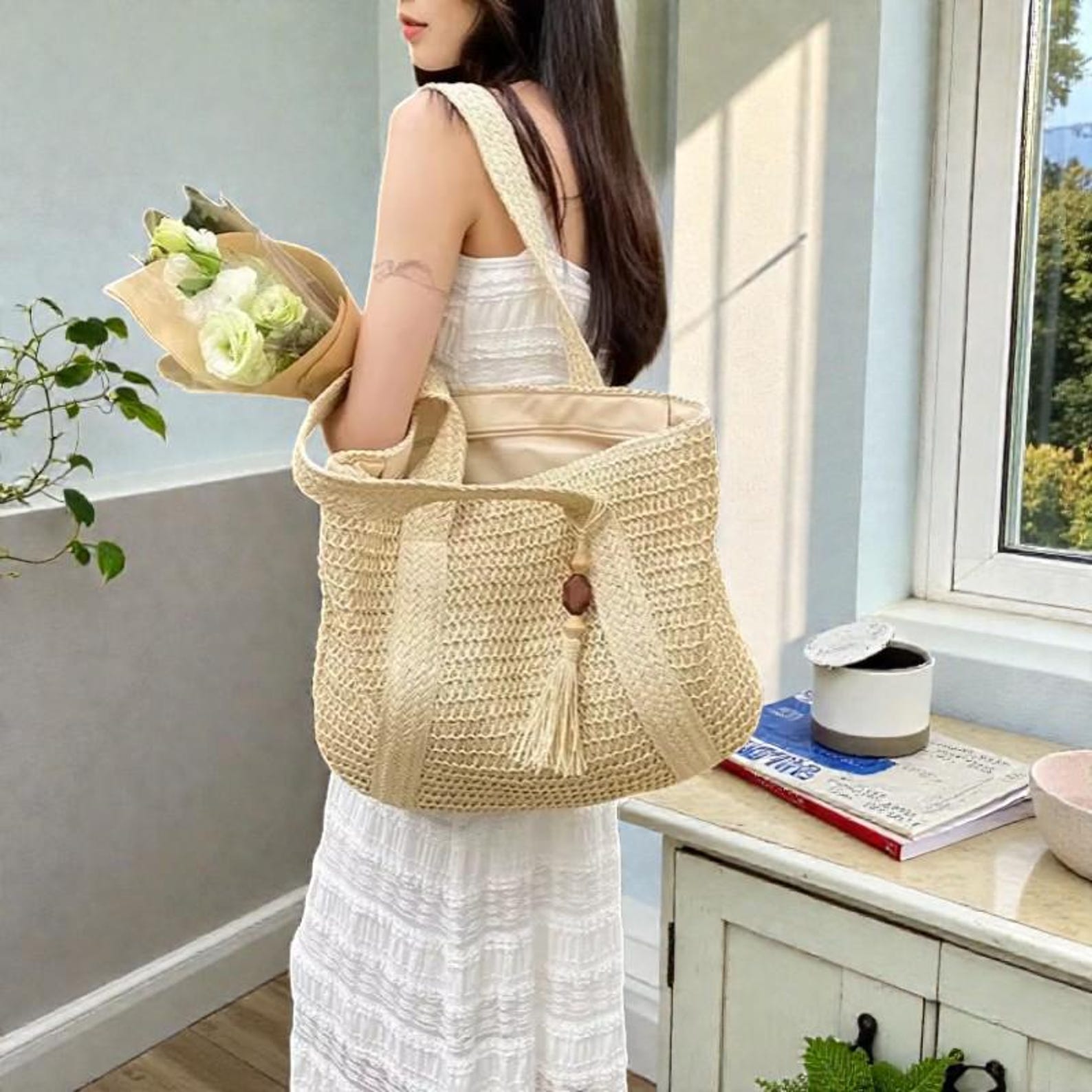 Large Woven Straw Tote Bag, Beach Basket, Coastal Summer Shoulder Bag ...