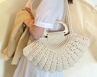 Retro Crochet Woven Shoulder Bag Wooden Handle Summer Beach Underarm Purse Women