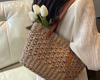 Straw Tote Bag, Coastal Summer Shoulder Bag, Boho Travel Handbag Zipper